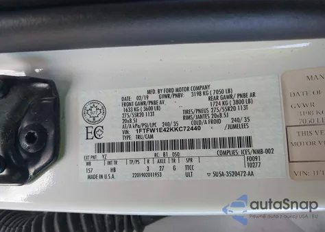 2019 Ford F-150 Lariat из США, поврежденный, VIN 1FTFW1E42KKC72440